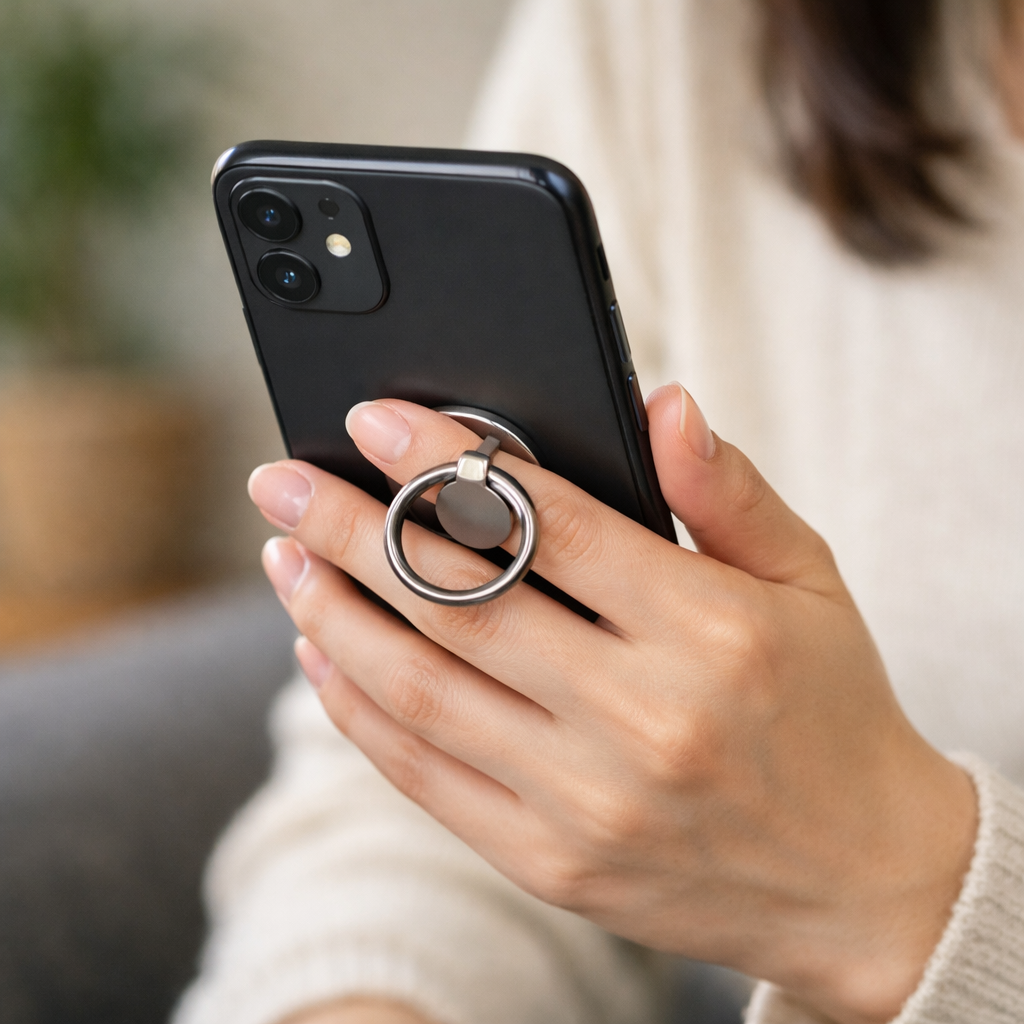 スマホリング付スマホを見ている人のイメージ