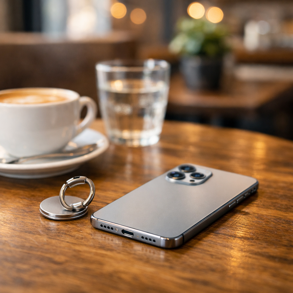 カフェテーブルの上にあるスマホリング