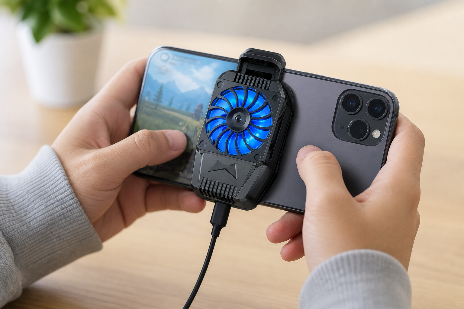 スマホ用冷却ファンを使っている様子