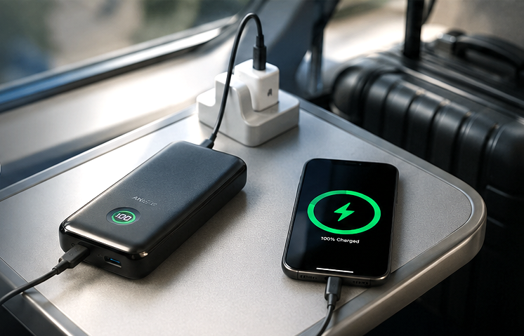 モバイルバッテリーを使ってスマホを充電中