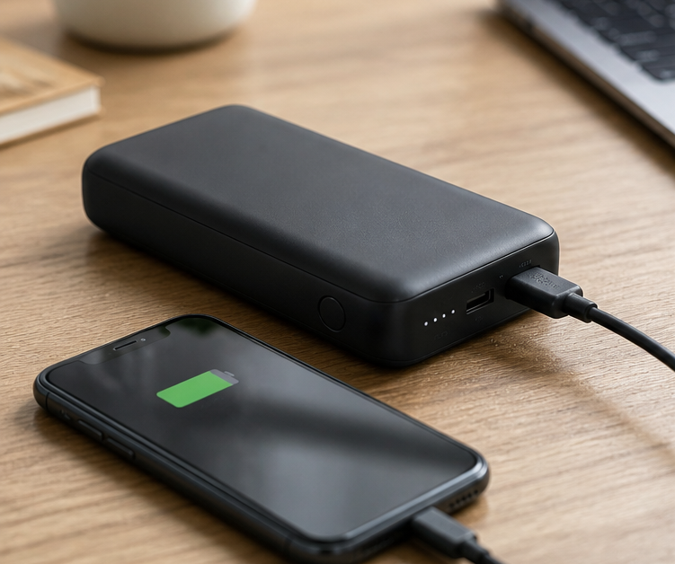 デスク上でモバイルバッテリーを使ってスマホを充電中の様子