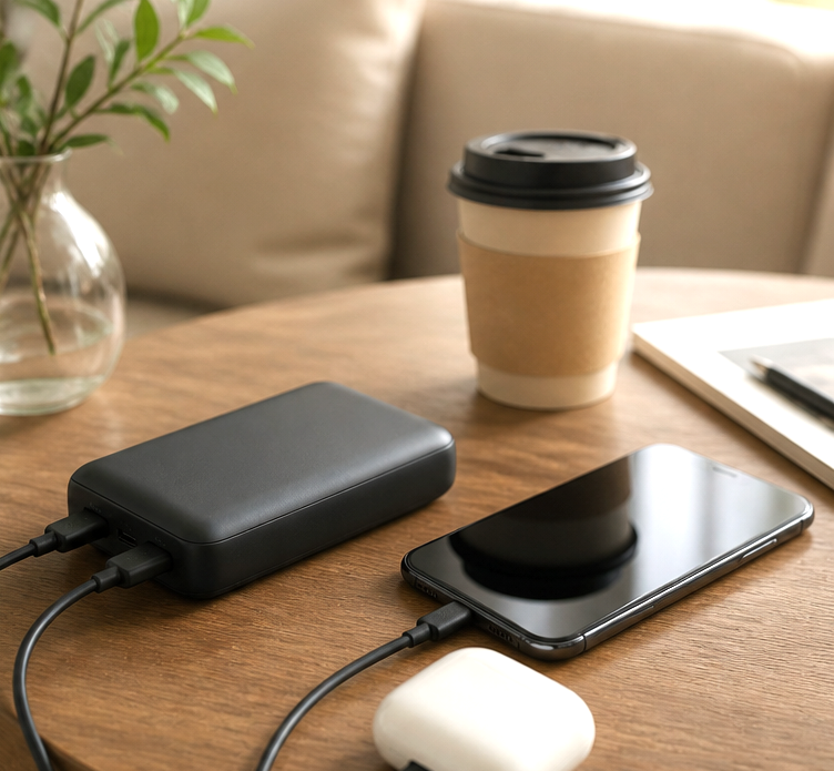 モバイルバッテリーを使ってスマホ充電中の様子