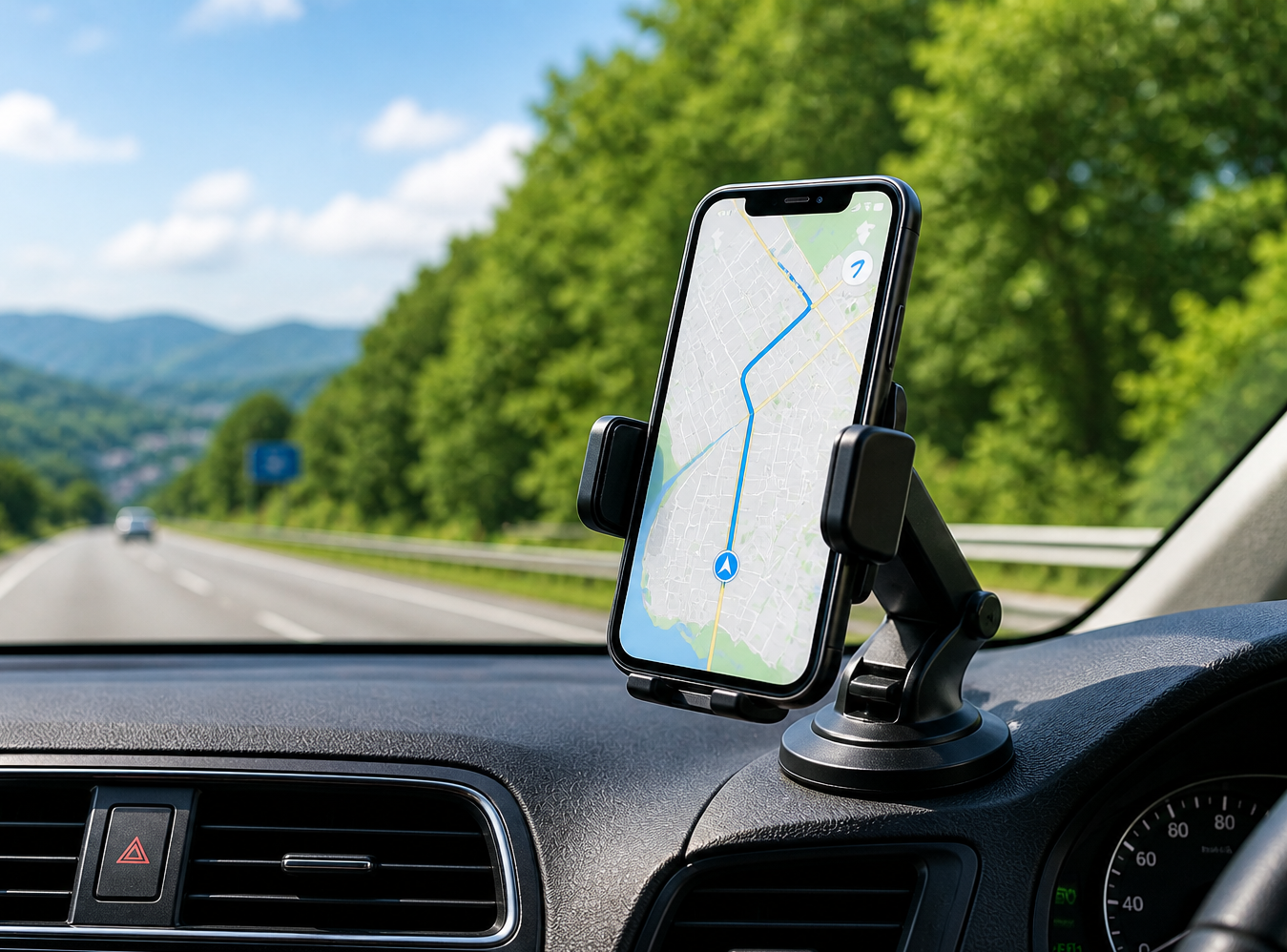 車載スマホホルダーを車内に取り付けて走行中のイメージ
